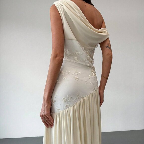 Apricot Elegant Women's Off Shoulder Mesh Floral Embroidered Maxi Dress - Picture 9 of 9